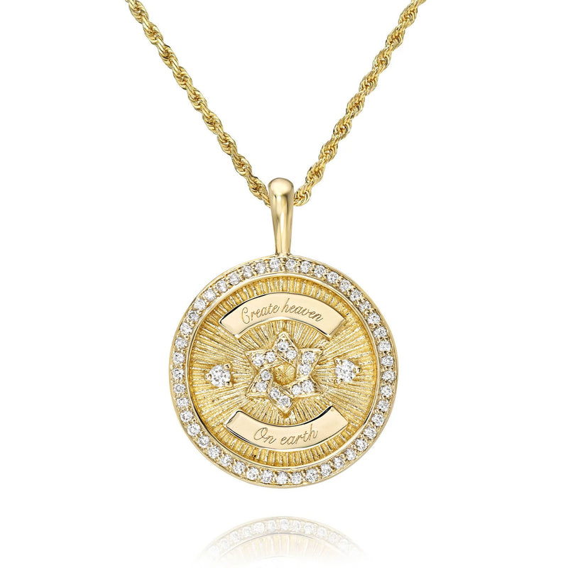 Star of David Coin with Pavé Border Pendant Yellow Gold 16-18" by Logan Hollowell Jewelry