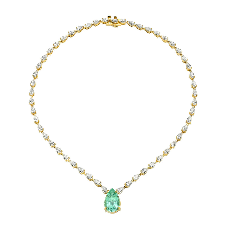 Water Drop Paraiba & Diamond Necklace Yellow Gold by Logan Hollowell Jewelry