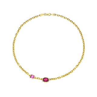 Lovers Duet Rubellite and Pink Sapphire Chain Necklace Yellow Gold 14" by Logan Hollowell Jewelry