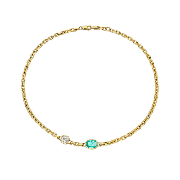 Lovers Duet Diamond and Paraiba Chain Necklace Yellow Gold by Logan Hollowell Jewelry