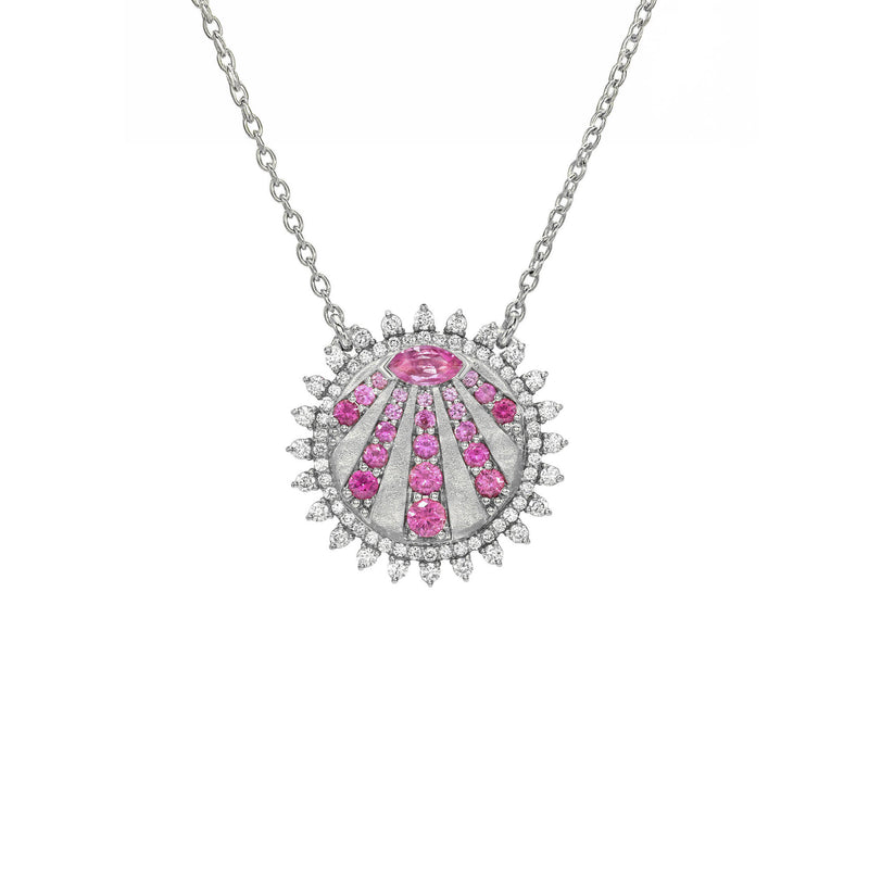 Petite "You Are My Sunshine" Diamond and Pink Sapphire Necklace White Gold by Logan Hollowell Jewelry