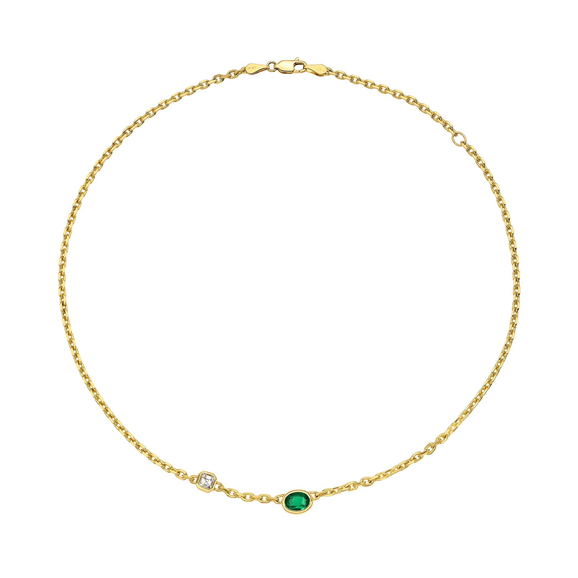 Petite Lovers Duet Diamond and Emerald Chain Necklace Yellow Gold by Logan Hollowell Jewelry