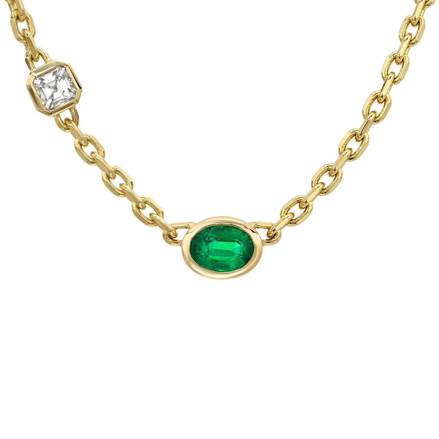 Petite Lovers Duet Diamond and Emerald Chain Necklace by Logan Hollowell Jewelry