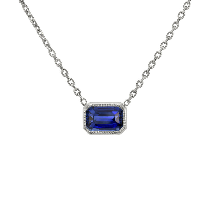 Talisman Emerald Cut Necklace Sapphire White Gold by Logan Hollowell Jewelry