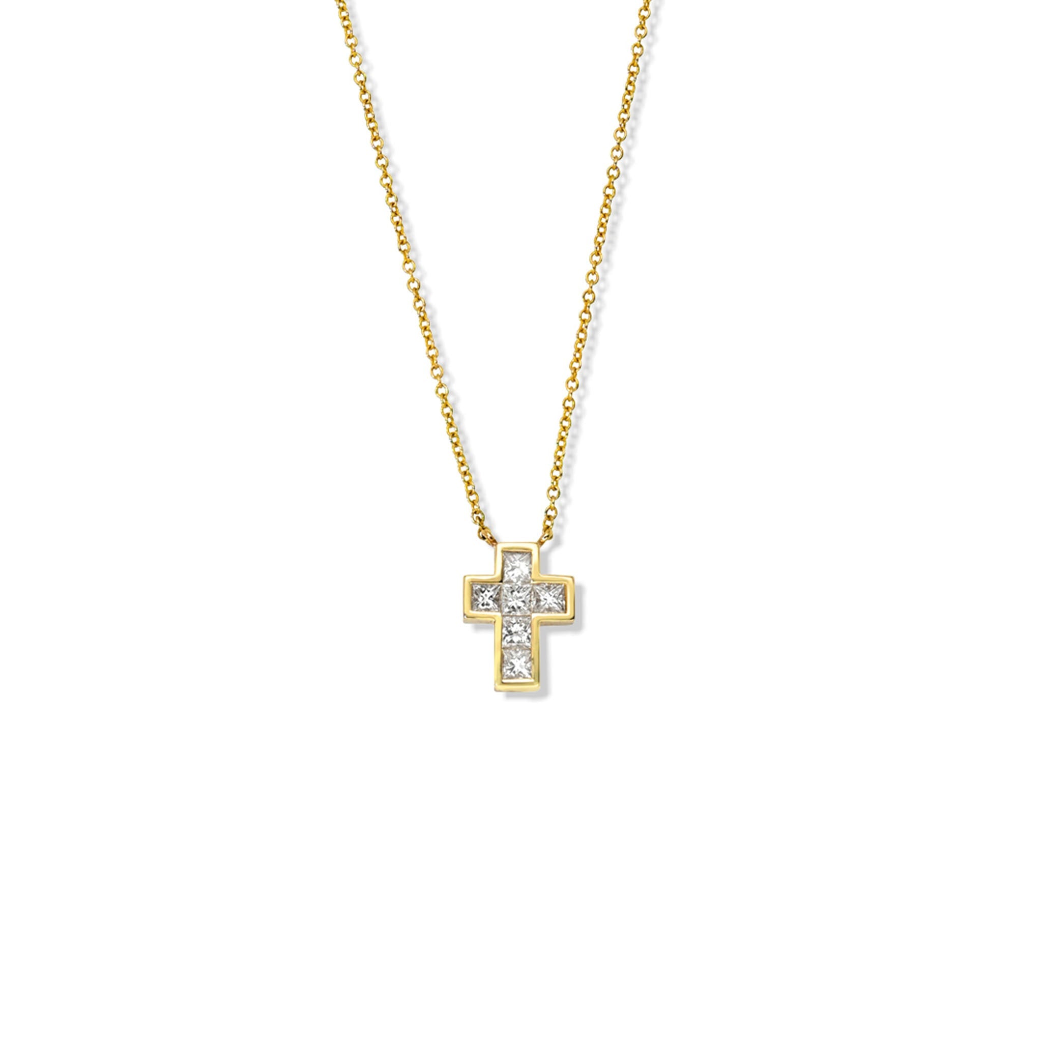 Princess Cut Diamond Cross Necklace | Ready to Ship Yellow Gold 14-16" by Logan Hollowell Jewelry