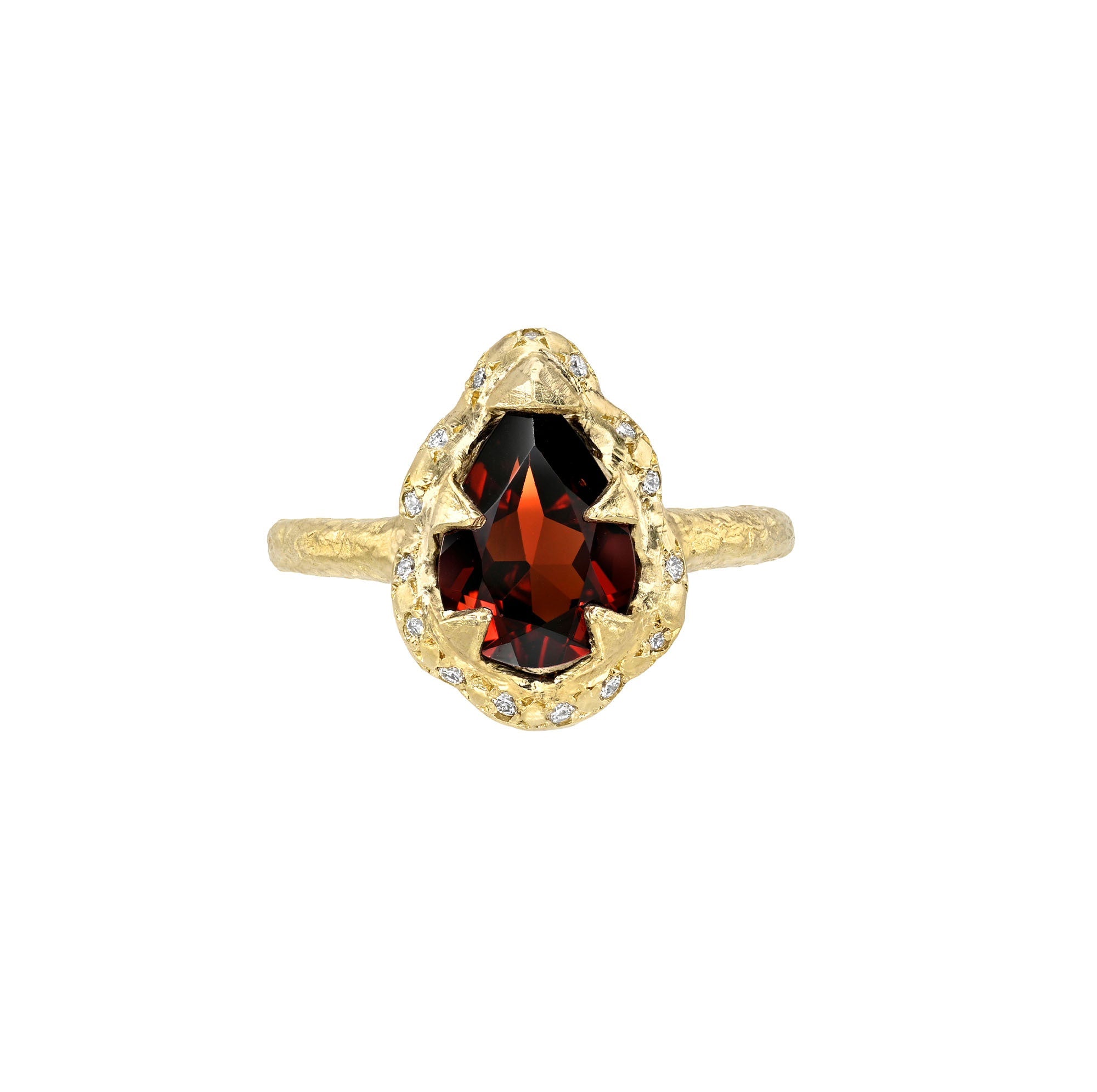 Baby Queen Water Drop Garnet Ring with Sprinkled Diamonds Yellow Gold 3 by Logan Hollowell Jewelry