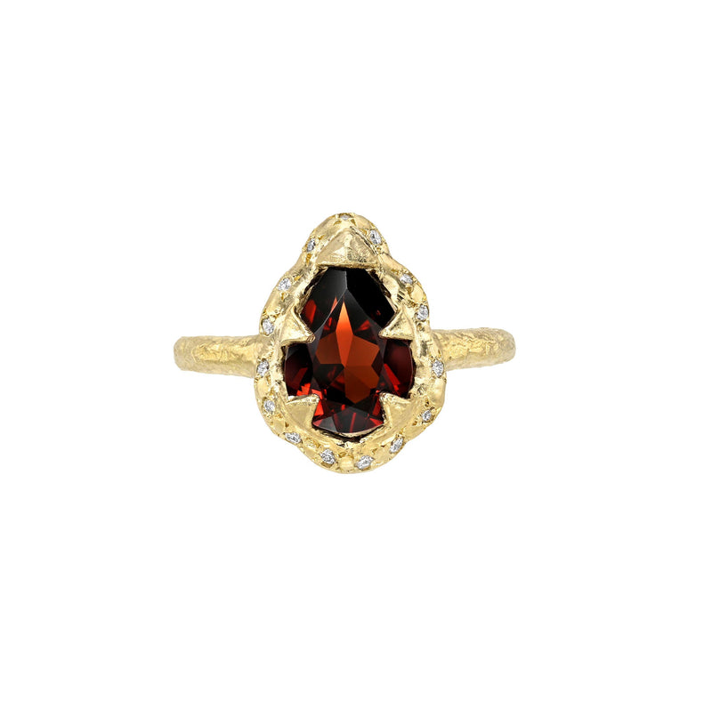 Baby Queen Water Drop Garnet Ring with Sprinkled Diamonds Yellow Gold 3 by Logan Hollowell Jewelry