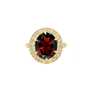 Queen Oval Garnet Ring with Sprinkled Diamonds Yellow Gold 3 by Logan Hollowell Jewelry