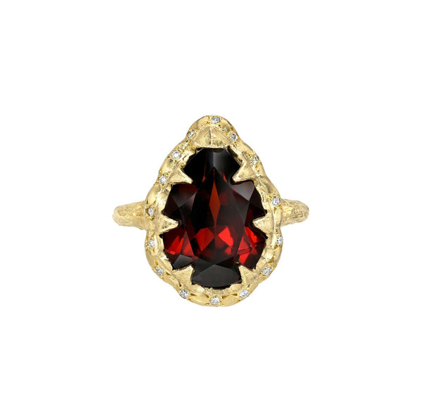 Queen Water Drop Garnet Ring with Sprinkled Diamonds Yellow Gold 3 by Logan Hollowell Jewelry
