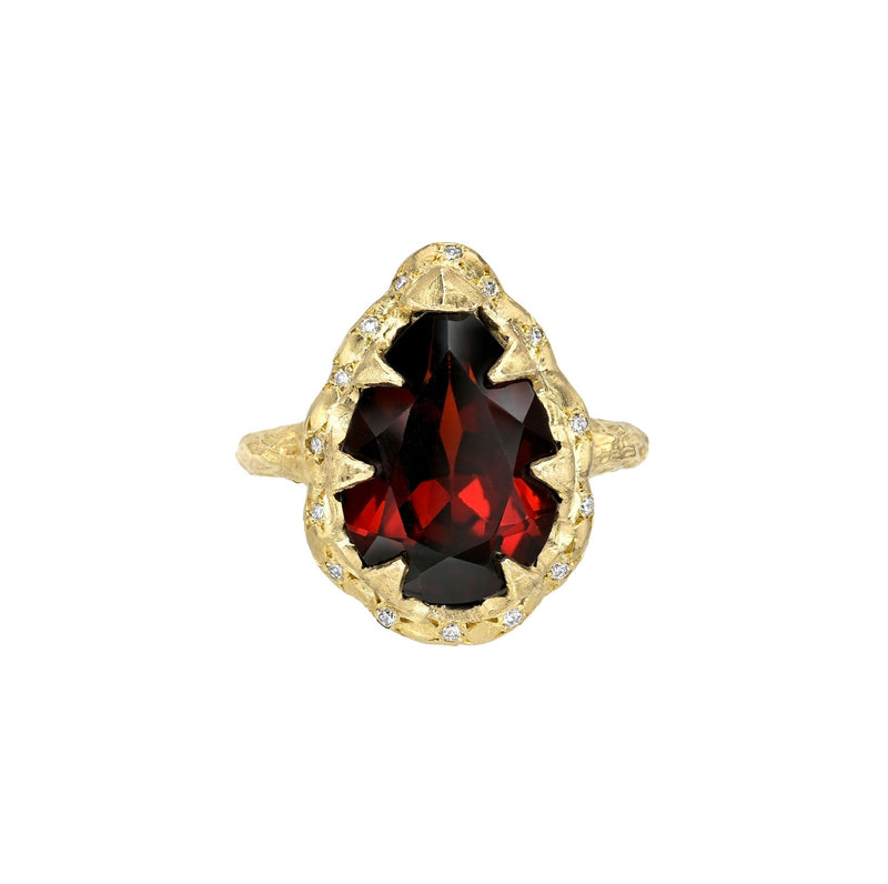 Queen Water Drop Garnet Ring with Sprinkled Diamonds Yellow Gold 3 by Logan Hollowell Jewelry