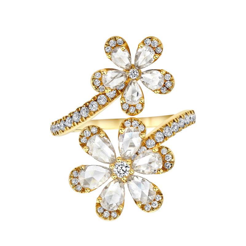 Eternal Jardin Rose Cut Diamond Double Flower Ring 6 Yellow Gold by Logan Hollowell Jewelry