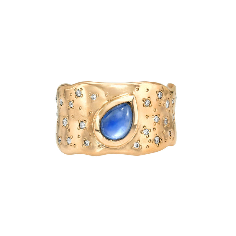 Water Drop Moonstone Cigar Band with Oracle Set Diamonds Rose Gold 3 by Logan Hollowell Jewelry