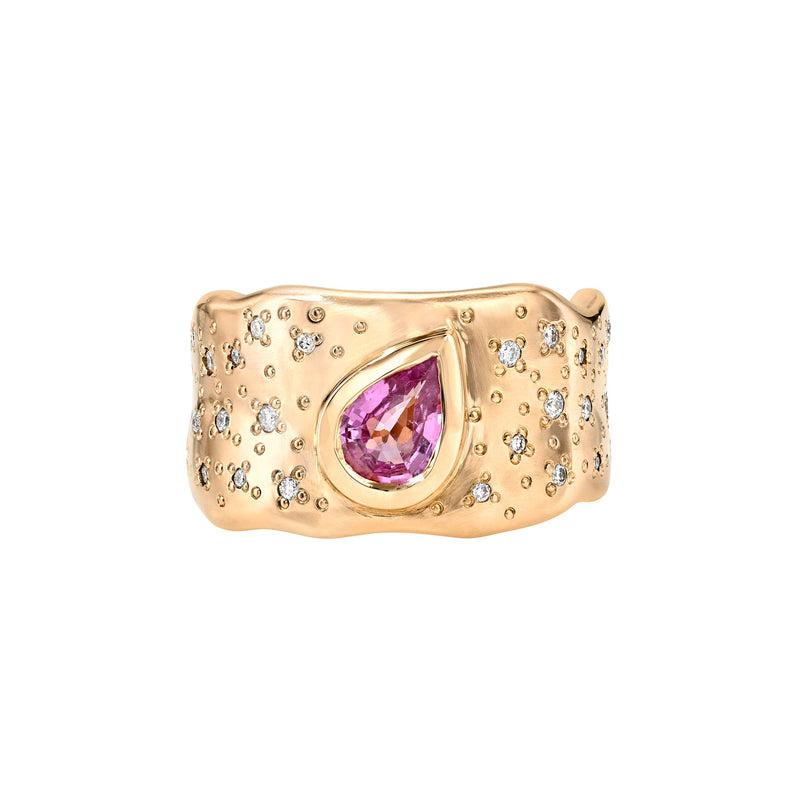 Water Drop Pink Sapphire Cigar Band with Oracle Set Diamonds Rose Gold 3 by Logan Hollowell Jewelry
