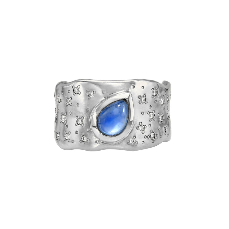 Water Drop Moonstone Cigar Band with Oracle Set Diamonds White Gold 3 by Logan Hollowell Jewelry