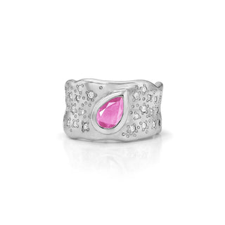 Water Drop Pink Sapphire Cigar Band with Oracle Set Diamonds White Gold 3 by Logan Hollowell Jewelry