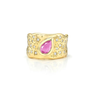 Water Drop Pink Sapphire Cigar Band with Oracle Set Diamonds | Ready to Ship Yellow Gold 7 by Logan Hollowell Jewelry