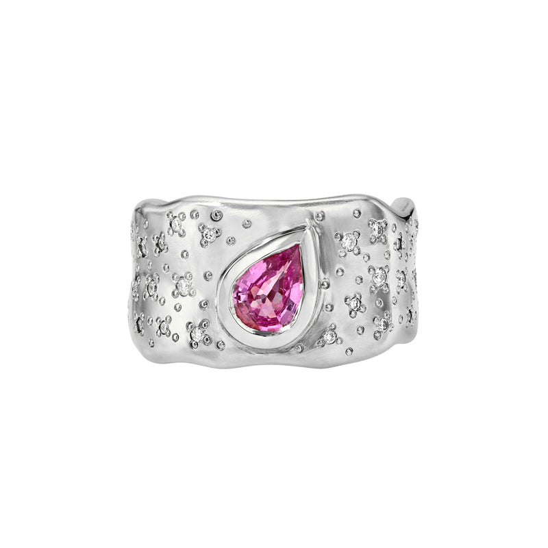 Water Drop Pink Sapphire Cigar Band with Oracle Set Diamonds White Gold 3 by Logan Hollowell Jewelry