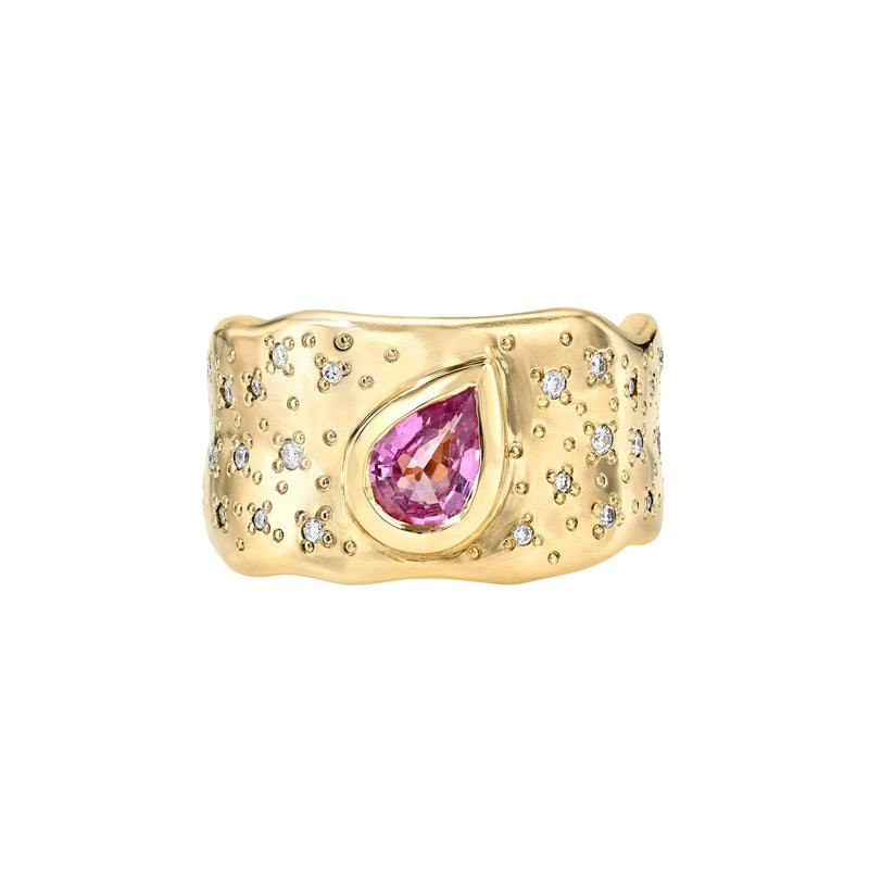 Water Drop Pink Sapphire Cigar Band with Oracle Set Diamonds Yellow Gold 3 by Logan Hollowell Jewelry