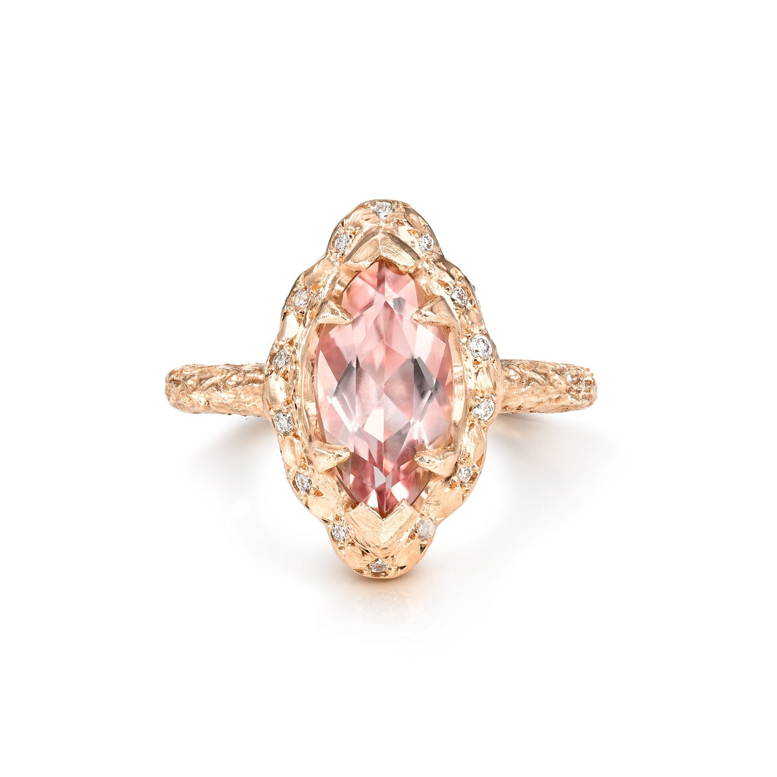 Baby Marquise Morganite Queen Ring with Sprinkled Diamonds by Logan Hollowell Jewelry
