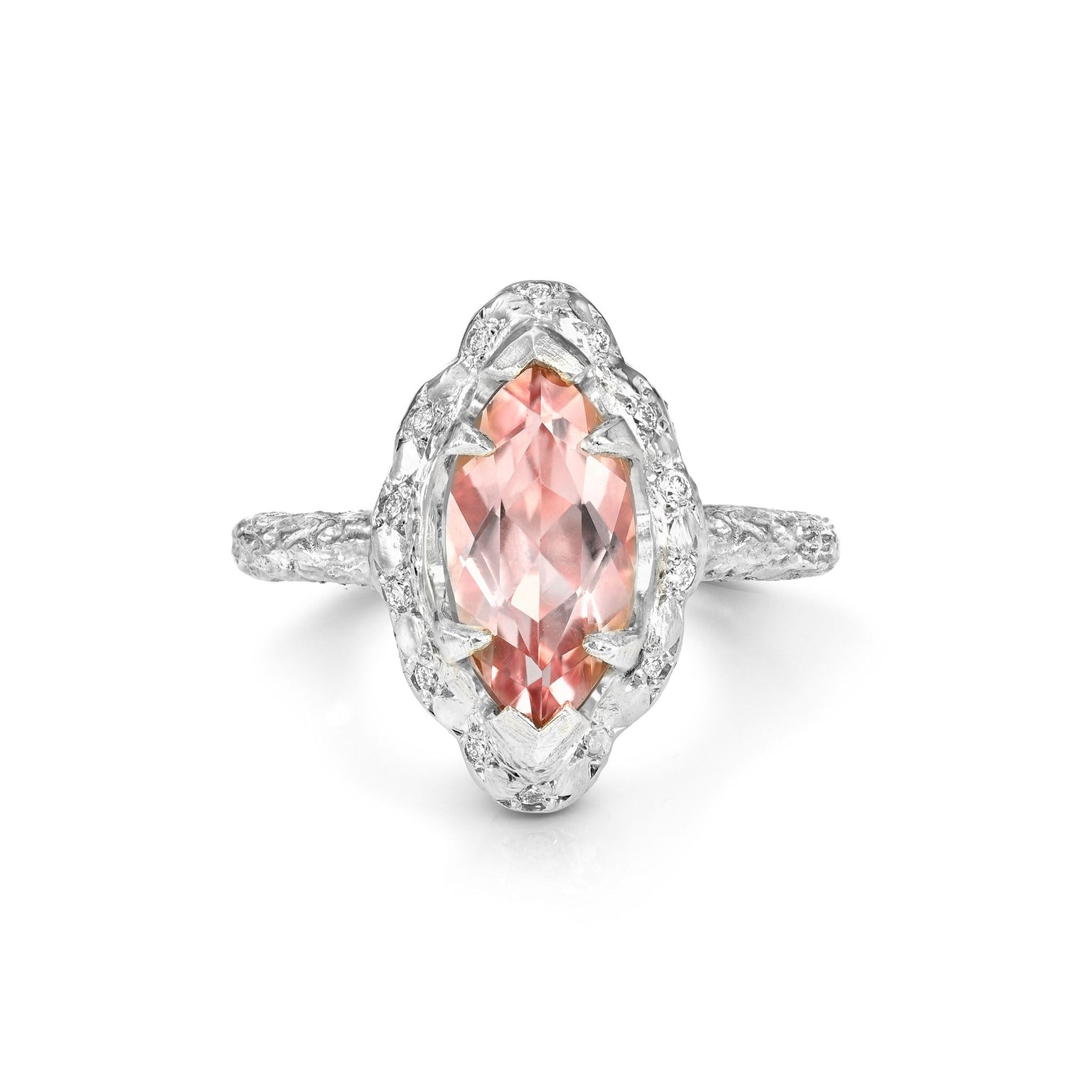 Baby Marquise Morganite Queen Ring with Sprinkled Diamonds by Logan Hollowell Jewelry