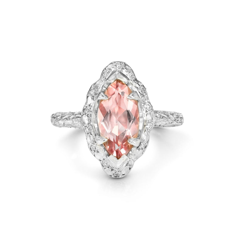 Baby Marquise Morganite Queen Ring with Sprinkled Diamonds by Logan Hollowell Jewelry