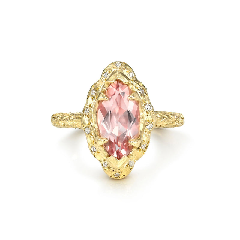14K Baby Marquise Morganite Queen Ring with Sprinkled Diamonds Yellow Gold 5 by Logan Hollowell Jewelry