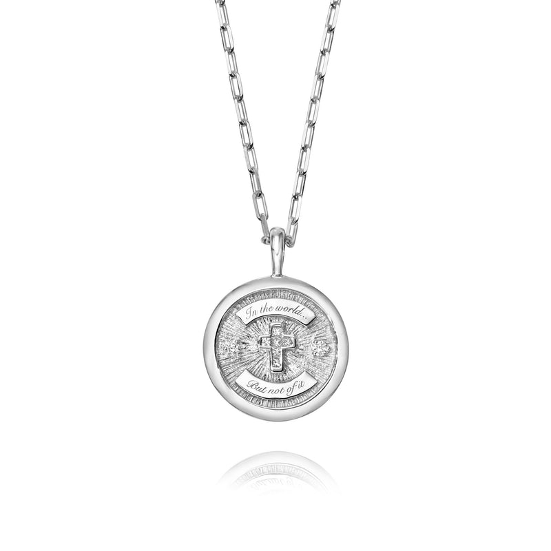 Diamond Cross Coin with Solid Border White Gold 16" by Logan Hollowell Jewelry