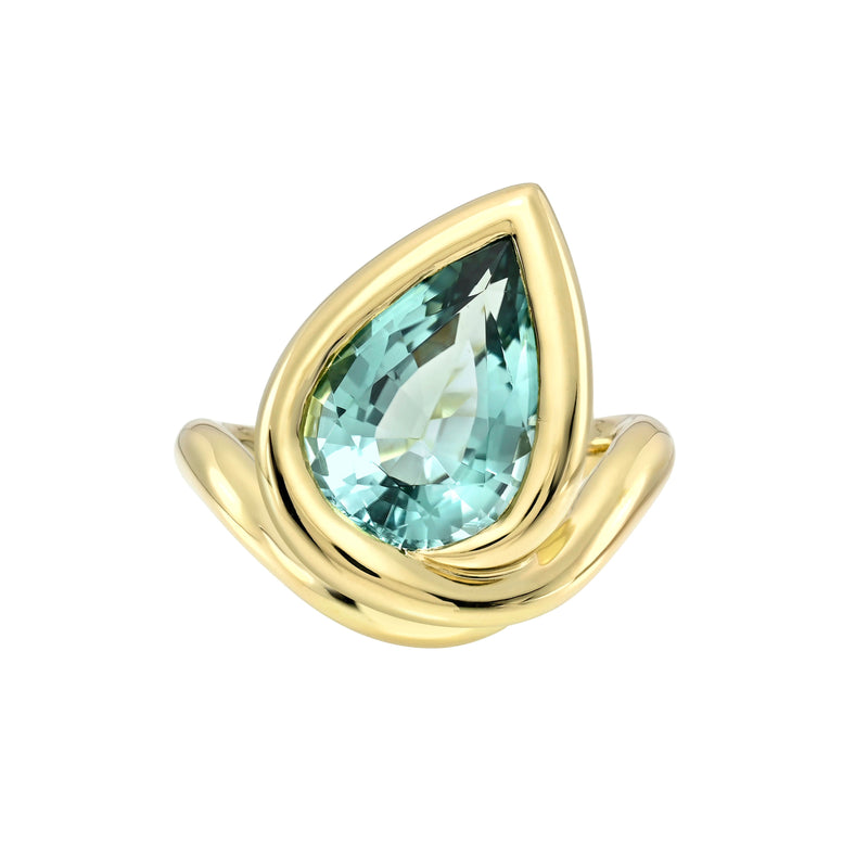Enigma Water Drop Lagoon Tourmaline Ring Yellow Gold 5 by Logan Hollowell Jewelry