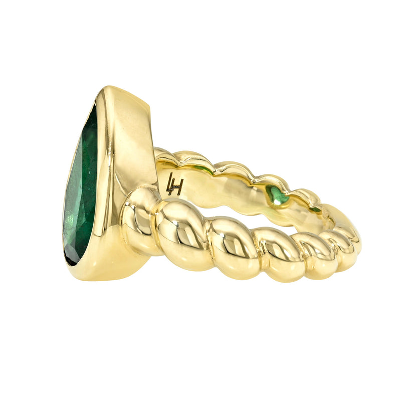 Tilted Water Drop Emerald Nautilus Ring by Logan Hollowell Jewelry