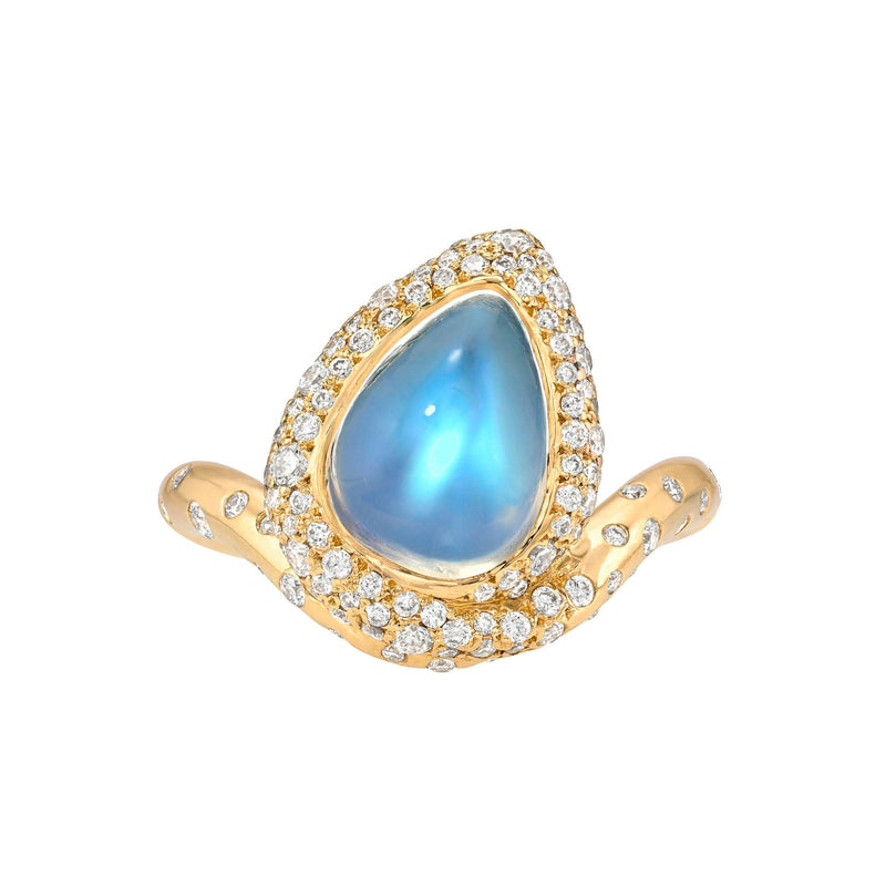 Enigma Blue Sheen Moonstone and Diamond Water Drop Ring Rose Gold 3 by Logan Hollowell Jewelry