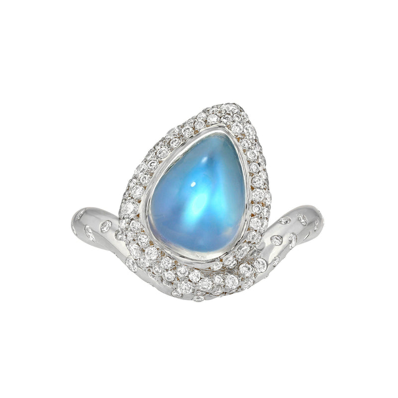 Enigma Blue Sheen Moonstone and Diamond Water Drop Ring White Gold 3 by Logan Hollowell Jewelry