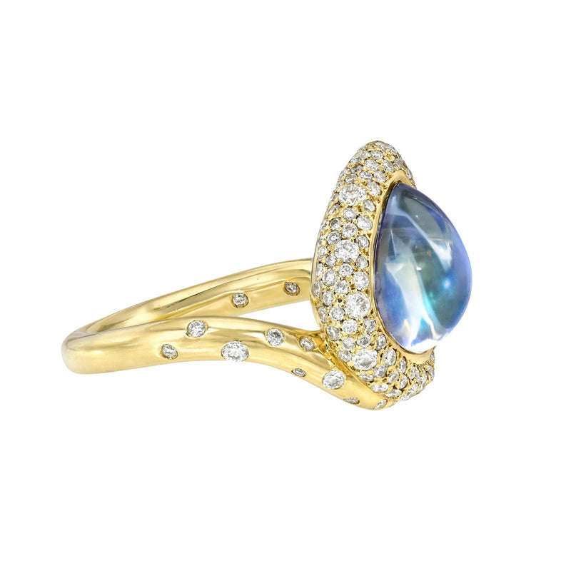 Enigma Blue Sheen Moonstone and Diamond Water Drop Ring by Logan Hollowell Jewelry
