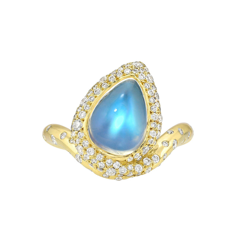Enigma Blue Sheen Moonstone and Diamond Water Drop Ring Yellow Gold 3 by Logan Hollowell Jewelry