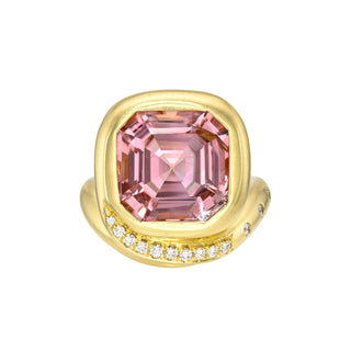 Enigma Emerald Cut Pink Tourmaline Ring with Pavé Diamonds Yellow Gold 6 by Logan Hollowell Jewelry