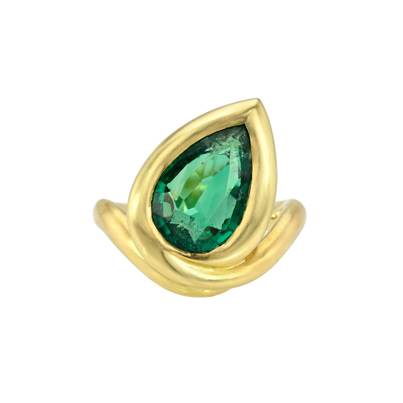 Enigma Emerald Water Drop Satin Ring Yellow Gold 6 by Logan Hollowell Jewelry