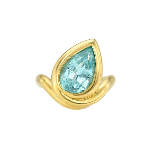 Enigma Water Drop Paraiba Satin Ring Yellow Gold 6 by Logan Hollowell Jewelry