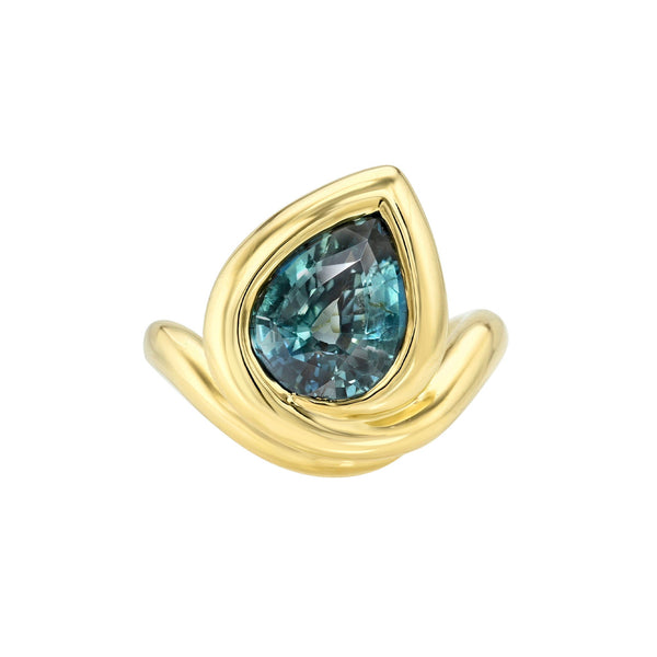 Enigma Water Drop Teal Tourmaline Ring Yellow Gold 3 by Logan Hollowell Jewelry