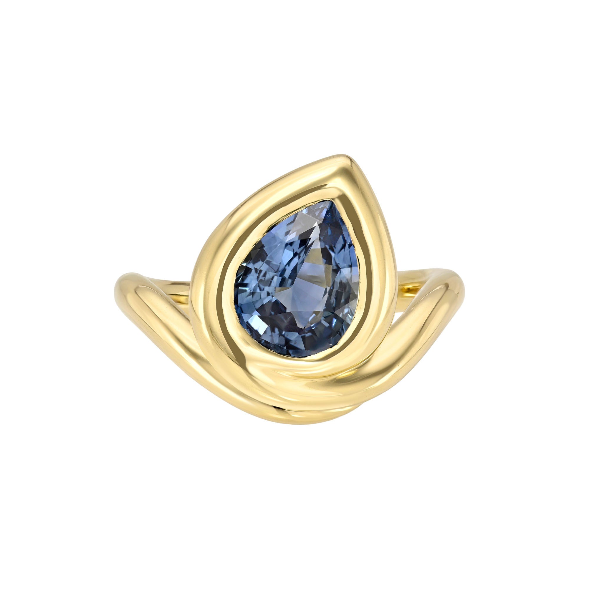 Enigma Water Drop Teal Sapphire Ring Yellow Gold 6 by Logan Hollowell Jewelry