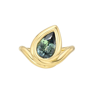 Enigma Water Drop Teal Sapphire Ring Yellow Gold 6 by Logan Hollowell Jewelry