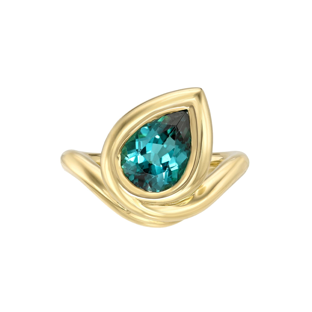Enigma Water Drop Lagoon Tourmaline Ring Yellow Gold by Logan Hollowell Jewelry