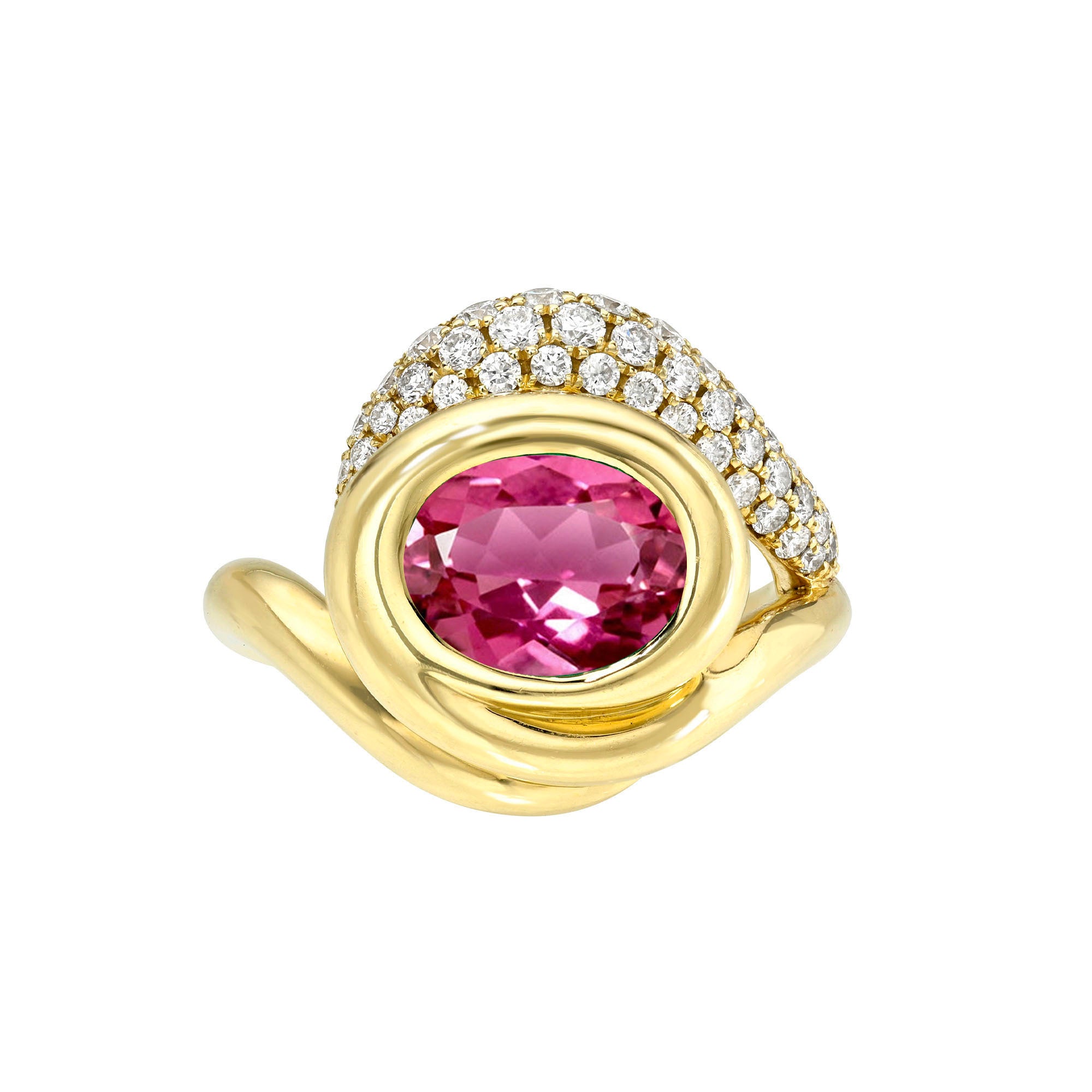 Enigma Rubellite Pavé Ring Yellow Gold 6 by Logan Hollowell Jewelry