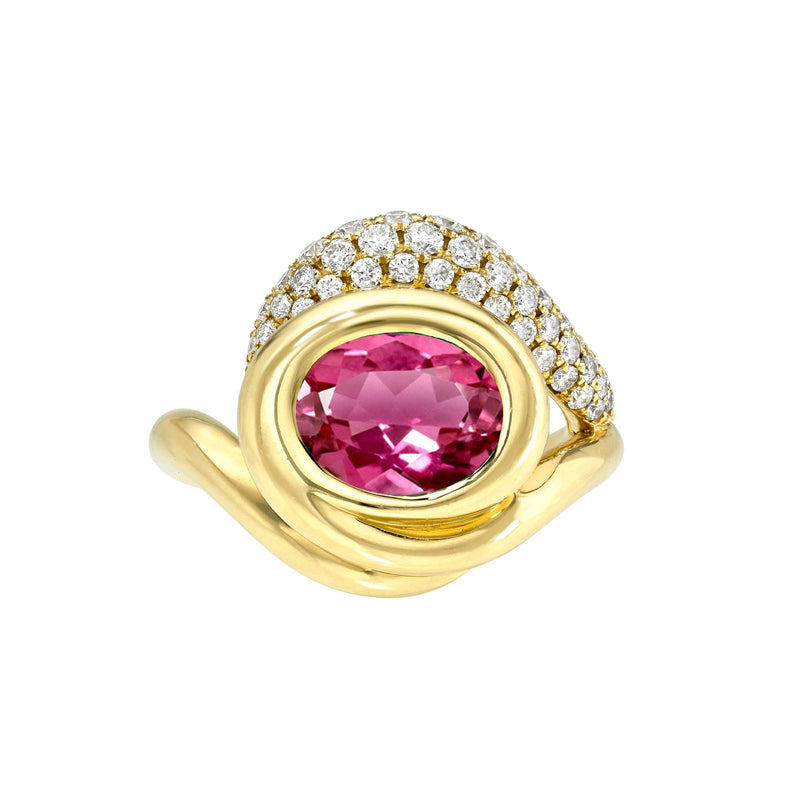 Enigma Rubellite Pavé Ring Yellow Gold 6 by Logan Hollowell Jewelry
