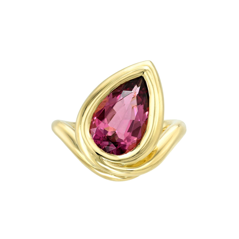 Enigma Water Drop Rubellite Ring Yellow Gold 6 by Logan Hollowell Jewelry