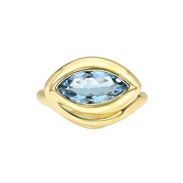 14k Enigma Angel Eye Marquise Aquamarine Ring Yellow Gold 2.75 by Logan Hollowell Jewelry