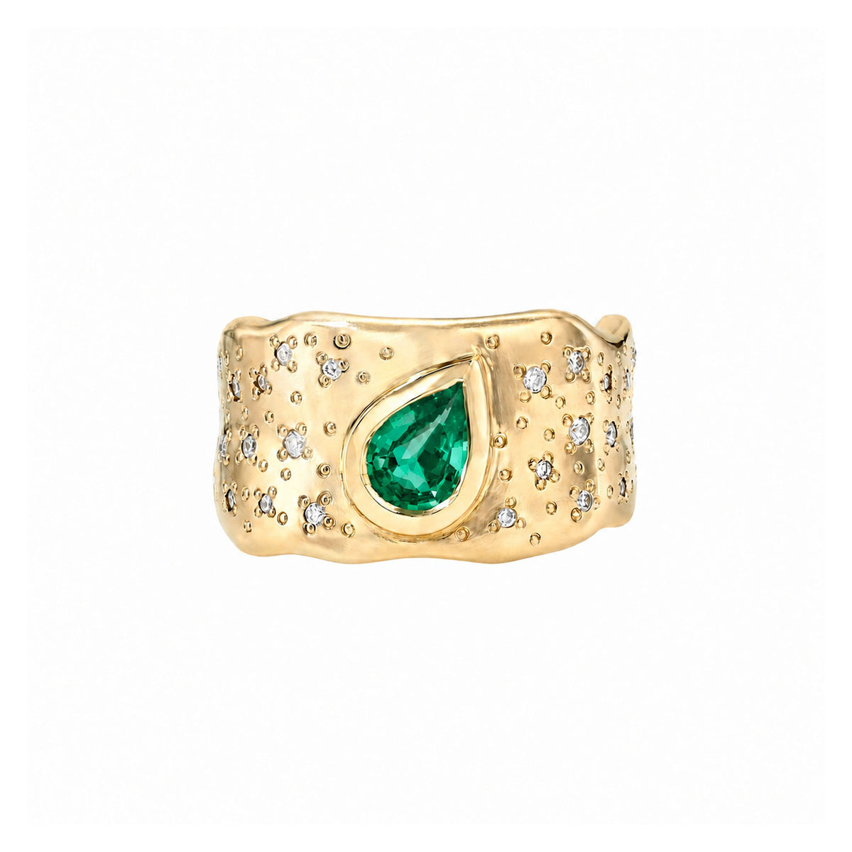 Water Drop Colombian Emerald Cigar Band with Oracle Set Diamonds