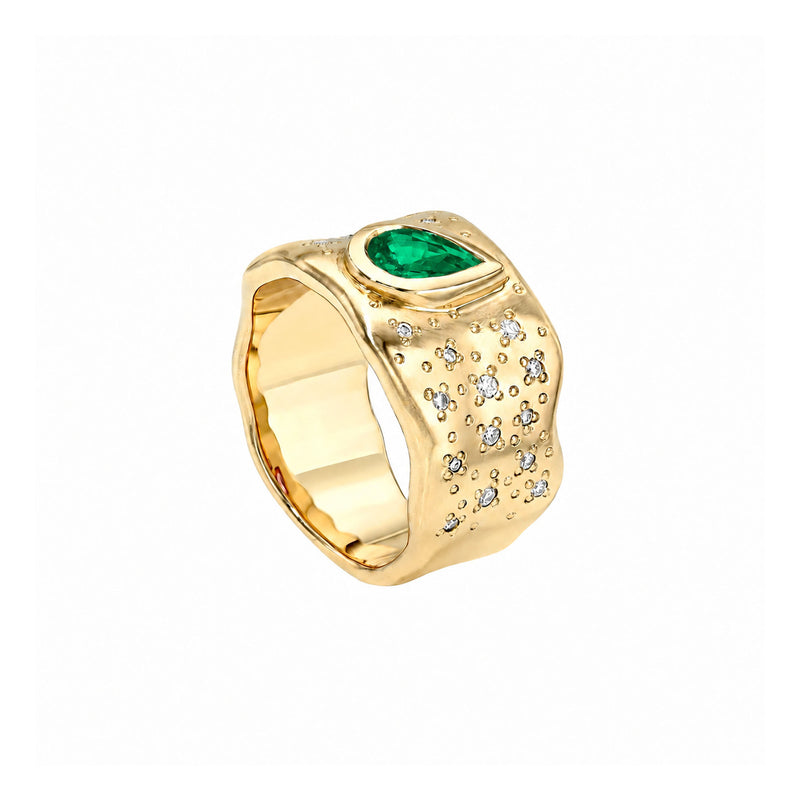 Water Drop Colombian Emerald Cigar Band with Oracle Set Diamonds
