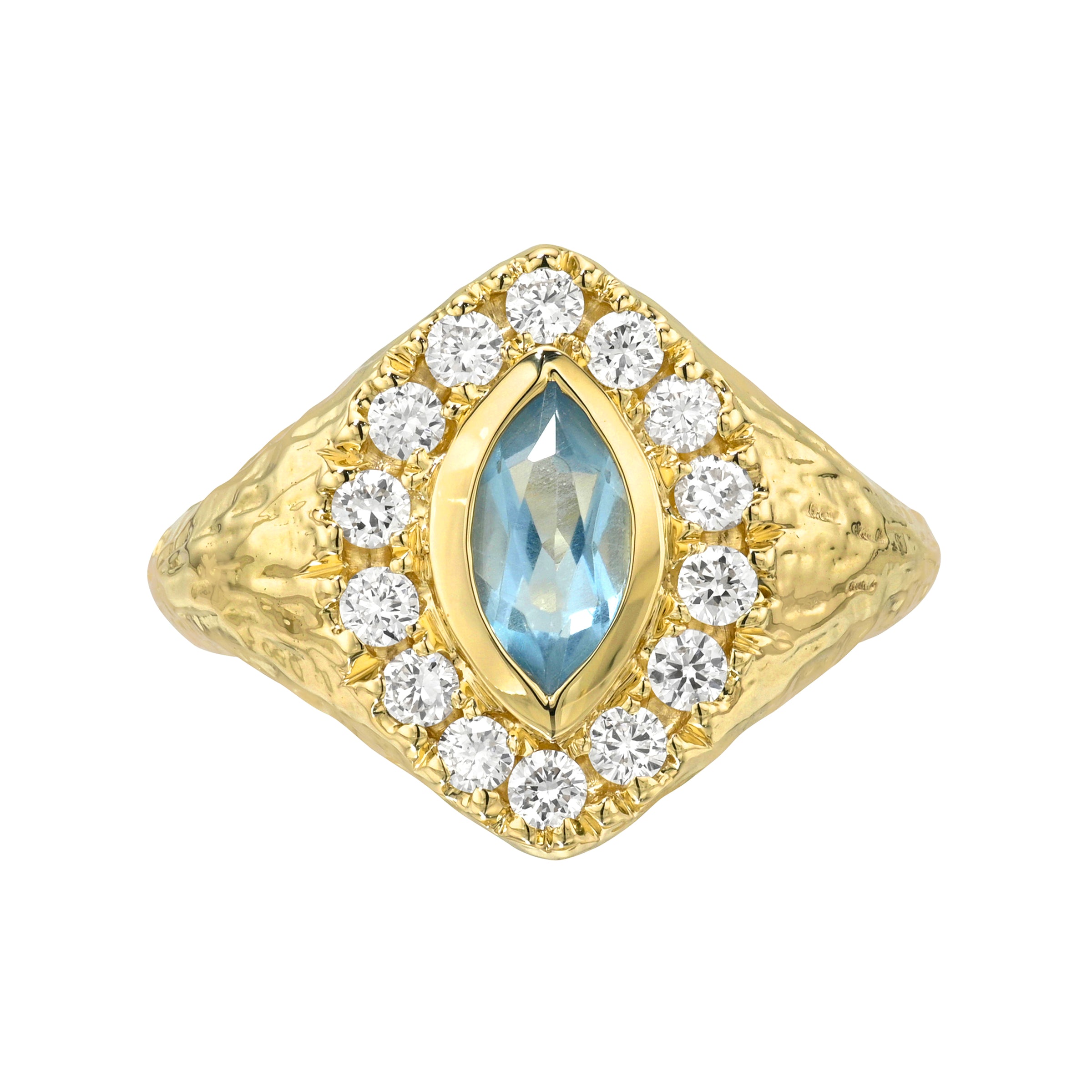 Fortune Signet with Queen Texture in Aquamarine Yellow Gold 3 by Logan Hollowell Jewelry
