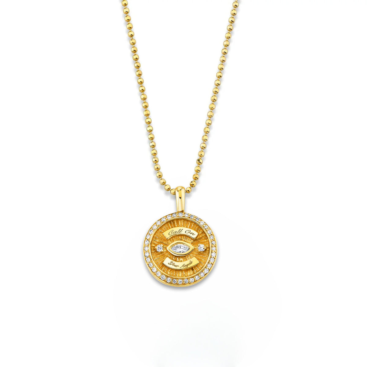 Mini Call On Your Angels Coin Necklace with Diamond Frame Yellow Gold 16" by Logan Hollowell Jewelry