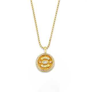 Mini Call On Your Angels Coin Necklace with Diamond Frame Yellow Gold 16" by Logan Hollowell Jewelry