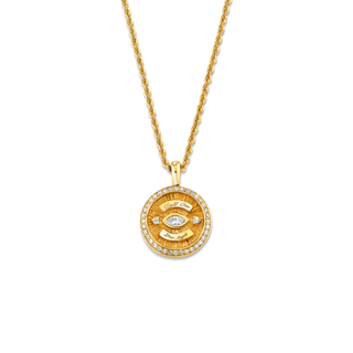 Mini Call On Your Angels Coin Necklace with Diamond Frame Yellow Gold 16"  by Logan Hollowell Jewelry